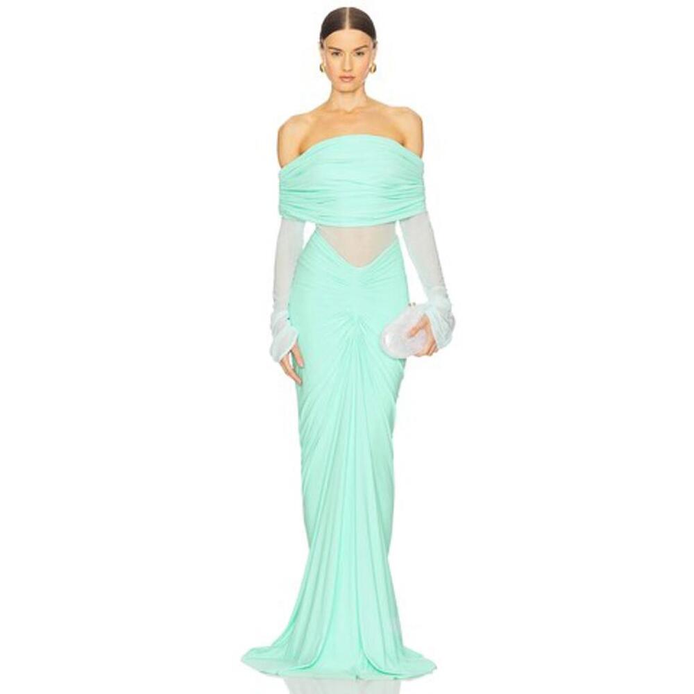 Off-Shoulder Mint Maxi Dress with Sheer Sleeves